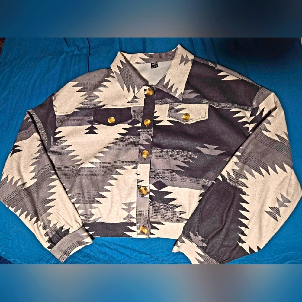 Shein Aztec/Geo Print Drop Shoulder Cropped Jacket, Black & Grey Size XL